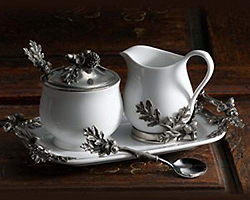 Vagabond House Stoneware Creamer Set - Pewter Acorn And Oak Leaf Forest Collection 5 Pieces Creamer Pitcher, Lidded Sugar Bowl, Sugar Spoon And Tray For Coffee And Tea 12.25 Inch Long Tray #TOP5