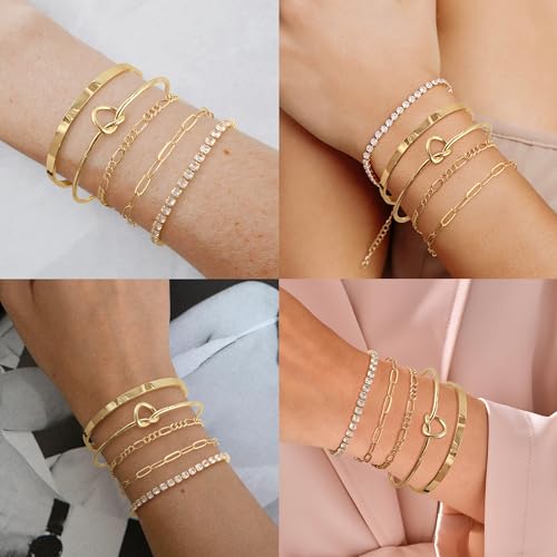 Gold Bracelet for Women Stack 14K Real Gold Plated Bangle Cuff Bracelet Set Gold Beaded Tennis Paperclip Cuban Link Chain Bracelets for Women Trendy Non Tarinish2