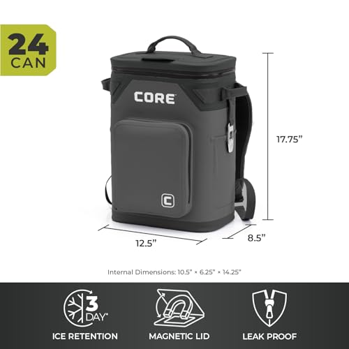 Image of CORE Magnetic Leak Proof Soft Cooler with Waterproof Zipper | Insulated Bag Portable Ice Chest Box | Best Soft Cooler for Food & Beverages for Tailgating, Car Camping, Travel, and Family Beach Picnics