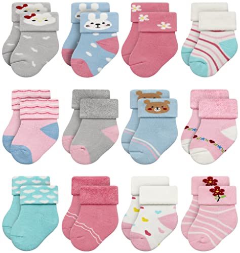 RATIVE Newborn Socks Thick Terry Turn Cuff Socks for Baby Girls (0-6 months, 12-pairs/BG12)