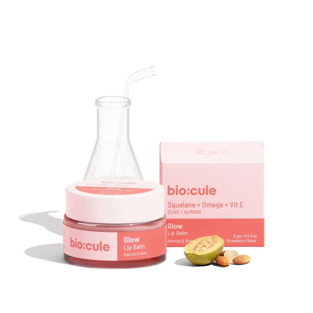 biocule Glow Lip Balm for Soft, Supple & Glowing Pink Lips | Rich Moisturizer for Dry & Chapped Lips | with Squalane, Omega & Vitamin E from Olives & Almonds | Strawberry Flavor | 100% Natural, 12g