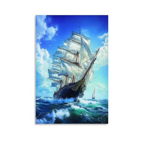 Poster vintage de peinture à l'huile sur toile Motif bateau à voile 30 x 45 cm