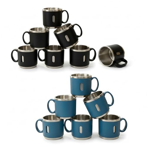 Image of Premium Stainless Steel Double Wall Coffee Mug Set of 6 (150ml Each) | Black & Blue Combo | Insulated Reusable Tea & Coffee Cups for Home, Office & Gifting
