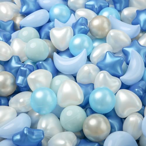 TRENDPLAY Star Ball Pit Balls 100-Piece Set: Vibrant Mix of Shapes - Mix Stars Shapes for Kids, Perfect for Parties, Playtime, Pearl Blue+Pearl Light Blue+Gray+ White