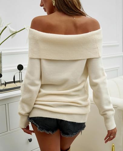 Image of Off The Shoulder Sweater for Women 2025 Knitted Folded Over Long Sleeve Pullover Sweaters