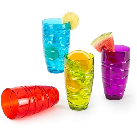 FiNeWaY Set of 4 Coloured Swirl Plastic Acrylic Drink TUMBLERS Glasses HI Ball Glass Party Picnic BBQ Camping Garden Cover