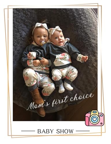 Image of Baby Girls Long Sleeve Flowers Hoodie Tops and Pants Outfit with Kangaroo Pocket Headband