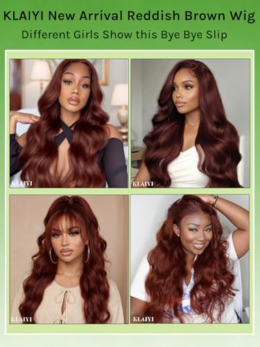 Image of KLAIYI Bye Bye Slip Reddish Brown Loose Body Wave Glueless Precut 7x5 Lace Front Wig Human Hair Drawstring Pre Plucked Bleached Knots 30S Ready to Wear and Go Wig Pre Everything Cooper Red Wig 22Inch