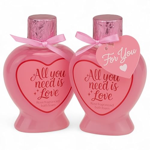 MIJOMA All you need is love - Juego de 2 espumas de baño (aroma a rosas, 200 ml, rellenables con lazo, idea de regalo para baño y bienestar)