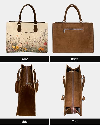 Image of Customized Wildflower Canvas Tote Bag, Custom Name Large Laptop Handbag (Fits 15 inch), Eco-Friendly Vintage Floral Print Shoulder Bag with Vegan Suede - 16 inch inch Aesthetic Office & Travel bag