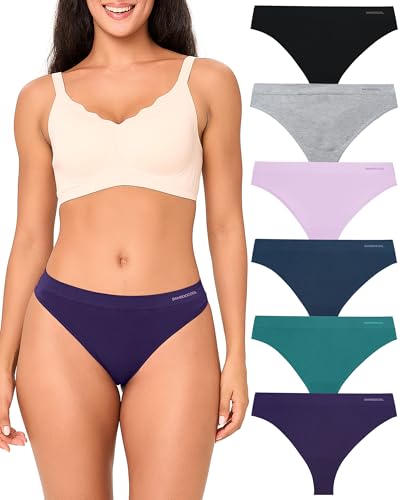 BAMBOO COOL Women's Thongs Seamless Moisture-Wicking Breathable Underwear High Stretchy Mid Waisted Panties Tagless 6 Pack