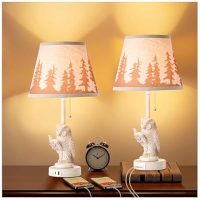 Sunnyin 18.9" Farmhouse Lamps Set of 2,Owl White Rustic Table Lamps for Living Room with USB A+C Port,Vintage Resin Small Table Lamps,Pull Chain Table Lamp for Bedroom,Bedside,Nightstand,End Table