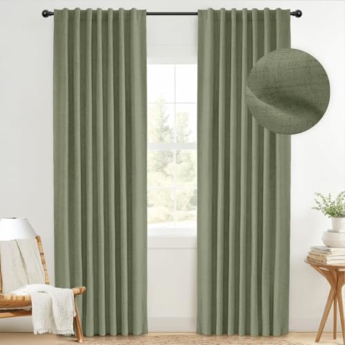 INOVADAY 100% Blackout Curtains 96 Inches Length 2 Panels Set, Back Tab/Rod Pocket Linen Black Out Curtains for Bedroom, Thermal Insulated Window Drapes - Light Sage, W50 X L96