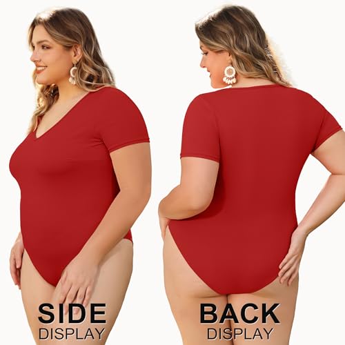 Image of COOTRY Plus Size Short Sleeve Bodysuits for Women V Neck Body Suit Tops Basic One Piece Bodysuit T Shirt
