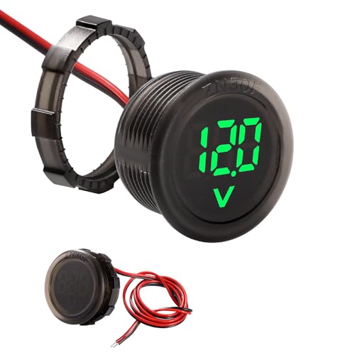 VooGenzek 5V-100V DC Car LED Digital Voltmeter Waterproof, Round 2 Wire Voltmeter Voltage Monitor Gauge Display, with Reverse Connection Protection, for Motorcycle Boat Camper Caravan, Green