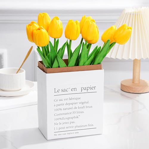 Image of Garden Art Artificial Tulip Flowers (Pack of 5) | Real Touch Silicone Single Stem Tulips for Home Decor, Living Room, Office, Vase & Wedding Decoration GAASTFB-1H-33Y (Yellow)