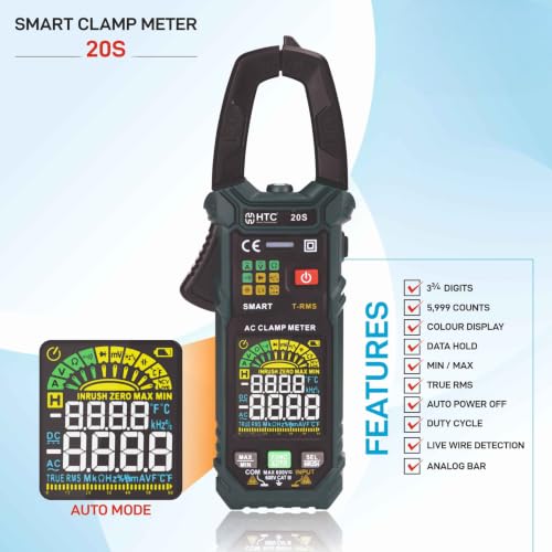 Image of HTC Instrument 20S 600A AC Smart Clamp Meter (T-RMS) with Frequency, Temperature, Capacitance, AC /DC Voltage and built in Flashlight Smart Clampmeter 6000 Counts