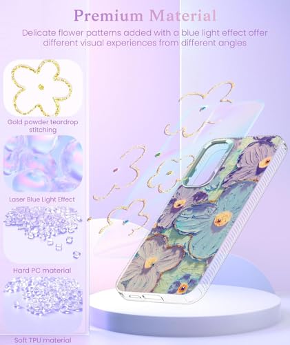 Image of Elzzi Compatible with Samsung S25 Ultra 5G Case Laser Flower Oil Painting Cute Colorful Blue Ray Bumper with Full Camera Protection Shockproof PC+TPU Glossy Shiny Cover for Girls Women,Green