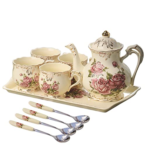 Porcelanowy zestaw do popołudniowej herbaty, kwiatowy zestaw do kawy w stylu vintage z czajnikiem, filiżankami do herbaty, tacą do serwowania i łyżeczką na prezenty i imprezy