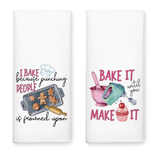 WUUCKOO 2PCS Bake Because Punching People is Frowned Upon Kitchen Towels, Funny Bakers Towels, Funny Baking Cooking Towels, Funny Housewarming Gifts, Baker Gifts for Women Grandma Mom Sister Friend