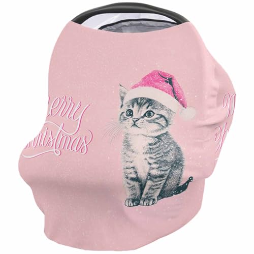 Nursing Cover for Breastfeeding Scarf, Merry Christmas Santa Hat Cat Pink Baby Car Covers Super Soft Multi Use for Canopy Shopping Cart Cover Blanket Stroller Cover