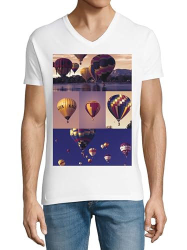 T-shirt Hot Air Balloons homme blanc coton vêtement col V artistique