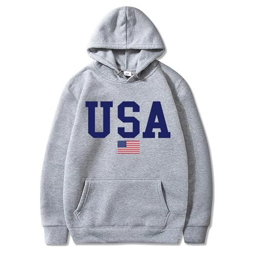 KPSTRO USA Hoodie Women Men Unisex Casual Graphic Patriotic American Flag Pullover Hoodie July 4th Drawstring Sweatshirt, Grey, XXL