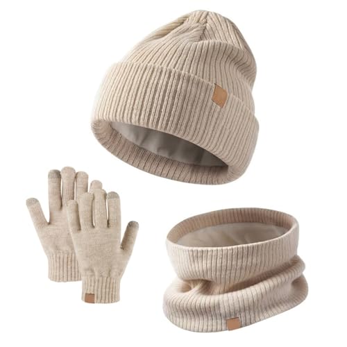MUNSKT Juego de 3 piezas de gorro, bufanda y guantes de invierno para niños, cálidos sombreros de punto térmico, bufanda, calentadores de cuello, guantes de pantalla táctil, forro de forro polar suave