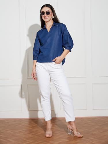 Image of Miss Chase Women's Round Neck Half Sleeves Cotton Lace and Pearl Detailing