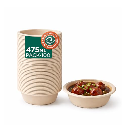 Image of ECO SOUL 475 ML 100-Pack Compostable Bagasse Bowls - Disposable Eco-Friendly Biodegradable Dinner Bowls For Party, Wedding, And Events