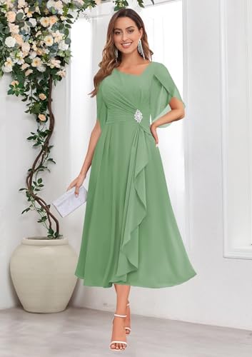 Tea Length Mother of The Bride Dresses for Wedding Beaded Chiffon Flutter Sleeve Formal Dress4