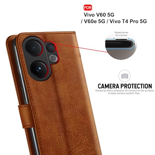 Image of TheGiftKart Genuine Leather Finish Flip Back Cover Case for Vivo V60 5G / V60e 5G / Vivo T4 Pro 5G | Inbuilt Pockets & Stand | Wallet Style | Designer Button Magnet Flip Cover (Faux Leather, Brown)