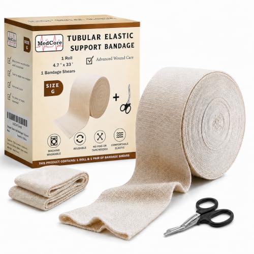 Tubular Compression Bandage Size G (4.7” x 33 ft) – Elastic Stockinette Support Sleeve for Large Leg, Thighs and Quads, Small Trunks – Cut-to-Fit, Washable Reusable, No Pins/Tape – Medical Scissors
