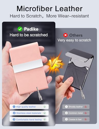 Image of Padike Professional Business Card Holder PU Leather Business Card Case Name Card Holder Slim Metal Pocket Card Holder with Magnetic Shut (Y-Pink)