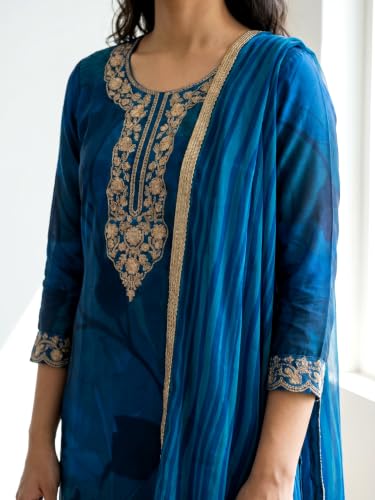Image of Naixa Women's Blue Viscose Silk Embroidered Printed Straight Kurta with Silk Blend Pant Georgette Printed Dupatta Set | 3 /4th Sleeve | Round Neck | Festive Suit