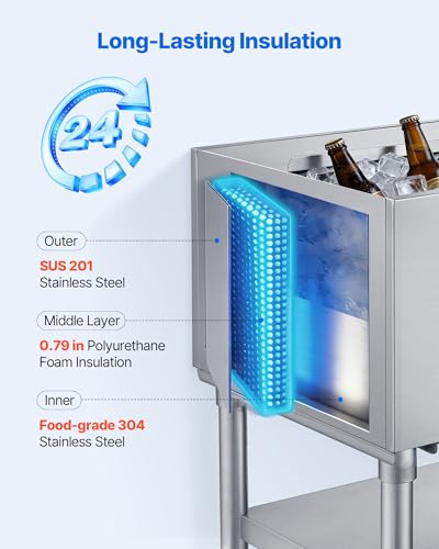 Image of VEVOR Commercial Ice Bin,19 Inch Stainless Steel Ice Chest with Sliding Lid and Bottle Holders, Cooler Cart Cocktail Unit for Bar Restaurant Pub, NSF Certified