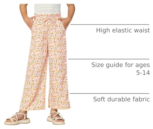 Image of Girls Summer Floral Wide Leg Pants High Waisted Flowy Dress Trousers with Pockets for School Lounge Beach 5-14 Years