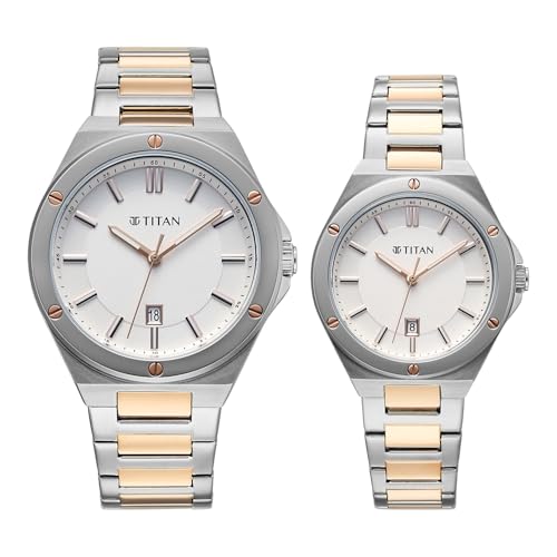 Image of Titan Modern Bandhan Pair Analog with White Dial Dual Tone Rose Gold Stainless Steel Strap Watch for Couples - 9401694216KM01
