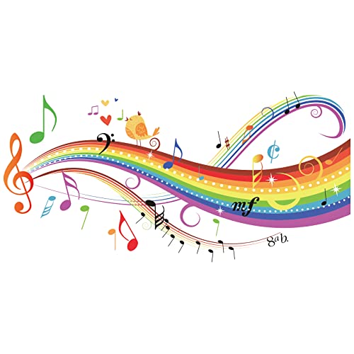PLIGREAT Sticker Mural Arc-en-Ciel Musique, Décalcomanies Murales Oiseaux Chanteurs, Stickers Muraux Notes de Musique en PVC Étanches pour la Décoration de la Salle de Musique de la Chambre à Coucher Cover