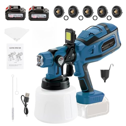Cordless Paint Sprayer with 21V Battery HVLP Spray Gun with 1400ML Container 1200ml/min 5 Nozzles & 3 Patterns Adjustable Flow 2x4000mAh Batteries for Furniture Walls Fence & DIY Blue