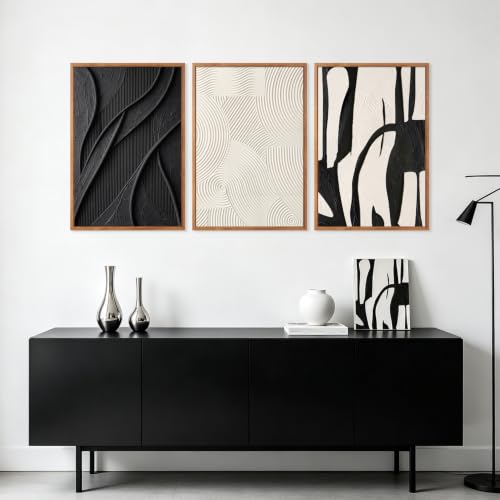 Image of CHDITB 3D Large Black White Curve Wall Art, Impasto Relief Wall Decor