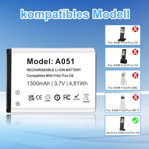 Akku für AVM Fritz!Fon C6 Telekom A051 1300mAh Li-Ion Akku Kompatibel mit Fon C6