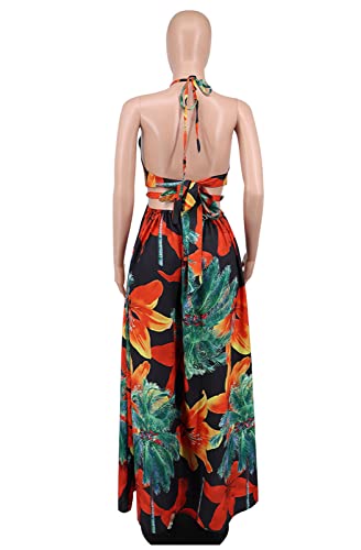 Image of Qikaka Women's Sleeveless Deep V Neck Floral Printed Metal Chain Bodycon Sexy Nightclub Party Boho Dress