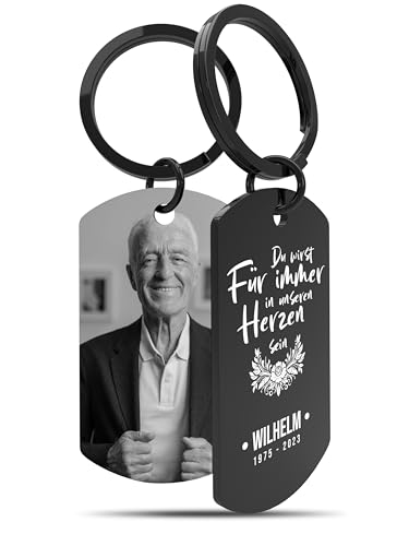 Meinearmbänder Memorial Personalisierter Schlüsselanhänger mit Foto & Gravur | Individuelles Erinnerungsstück mit Schwarz/Weiß Bild | Ideal zum Ehren geliebter Menschen
