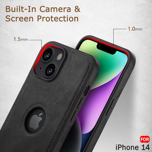 Image of TheGiftKart Genuine Leather Finish Back Cover Case for iPhone 14 | Shockproof Design | Raised Edges for Camera & Screen Protection | Stunning Minimalist Design Back Case Cover (Black Sides, Black)