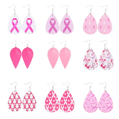 9 Pairs Pink Faux Leather Earrings for Women Breast Cancer Awareness Pink Ribbon Leaf Dangle Teardrop Earrings Gifts for Women