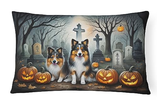 Caroline's Treasures DAC2053PW1216 Sheltie Spooky Halloween Fabric Decorative Pillow Machine Washable, Indoor Outdoor Decorative Pillow for Couch, Bed or Patio, 12HX16W