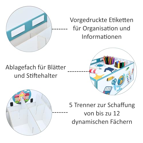 Lavatelli Back to School Organizer, Kartonbox für Kinder Schulsachen. Schreibwaren & Kreativmaterial, 4 verstellbare Fächer + Stifthalter, für A4 Blätter, Stifte & Marker, 32x22,5x15 cm