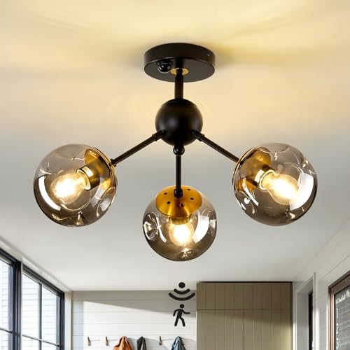 Image of Motion Sensor Light Indoor 3-Light Vintage Semi Flush Mount Ceiling Light Fixture with Glass Globe Black Chandelier for Closet Hallway Stairway Porch Entryway