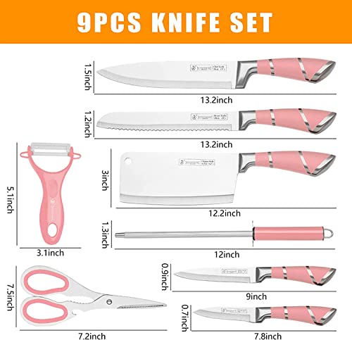 Justup 9-tlg Messerset mit Drehbare Acryl Messerblock, Rosa Sharp Antihaft Beschichtete Kochmesser Block Set,Edelstahl Messer Set für Küche mit Schärfer zum Schneiden Schneiden Würfeln Hacken (Rosa)